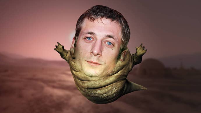 Jeremy Allen White’s head photoshopped into the body of a Jabbe the Hutt like wormy alien creature from Star Wars.