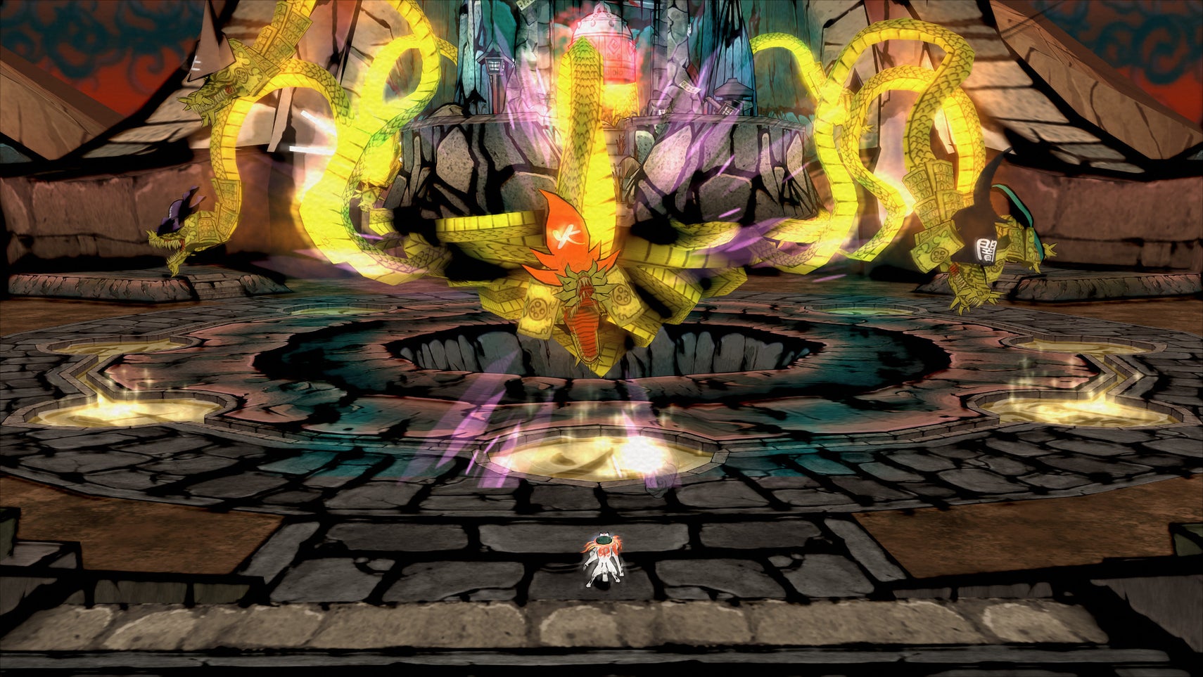 Amaterasu, a white dog with a glowing shield on its back, is fighting three golden dragon statues in Okami. - 1