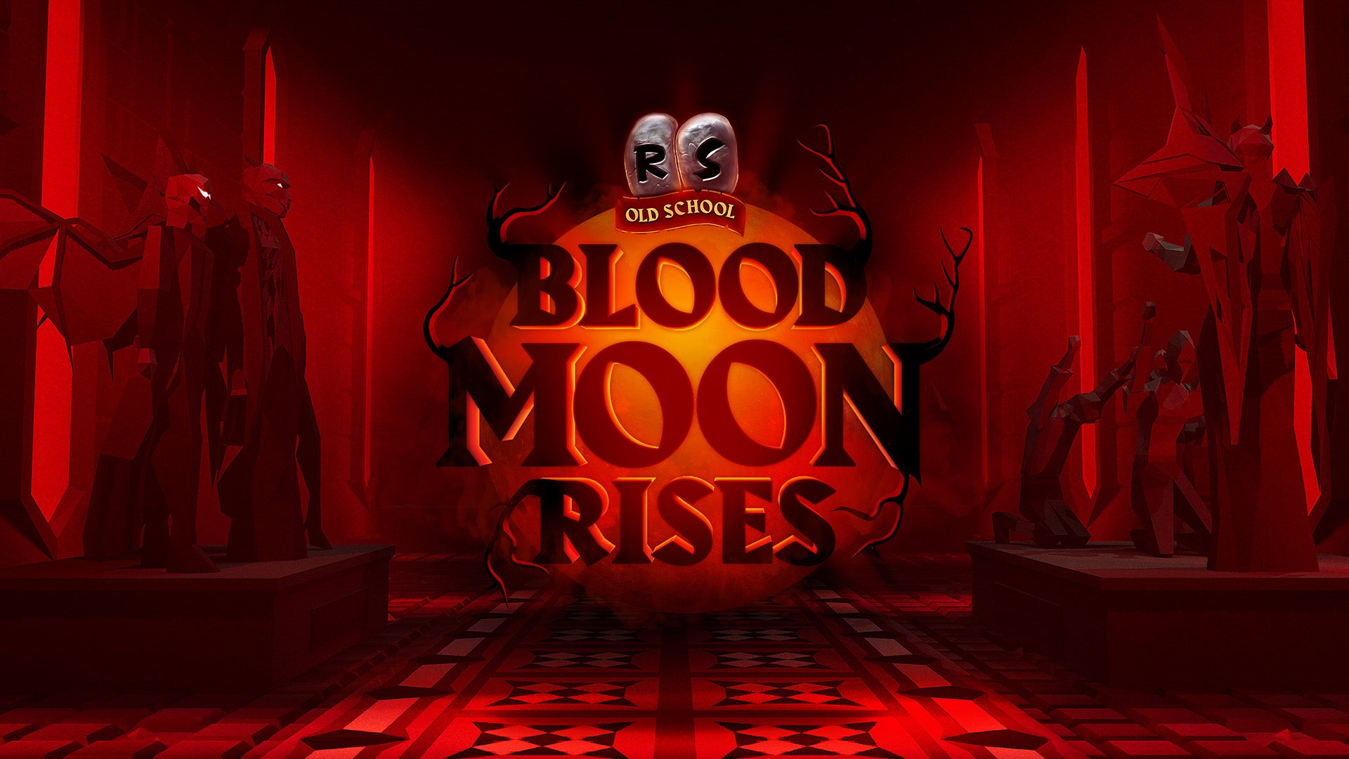 The logo for Old School RuneScape Blood Moon Rises in a very red, statue filled corridor. - 1