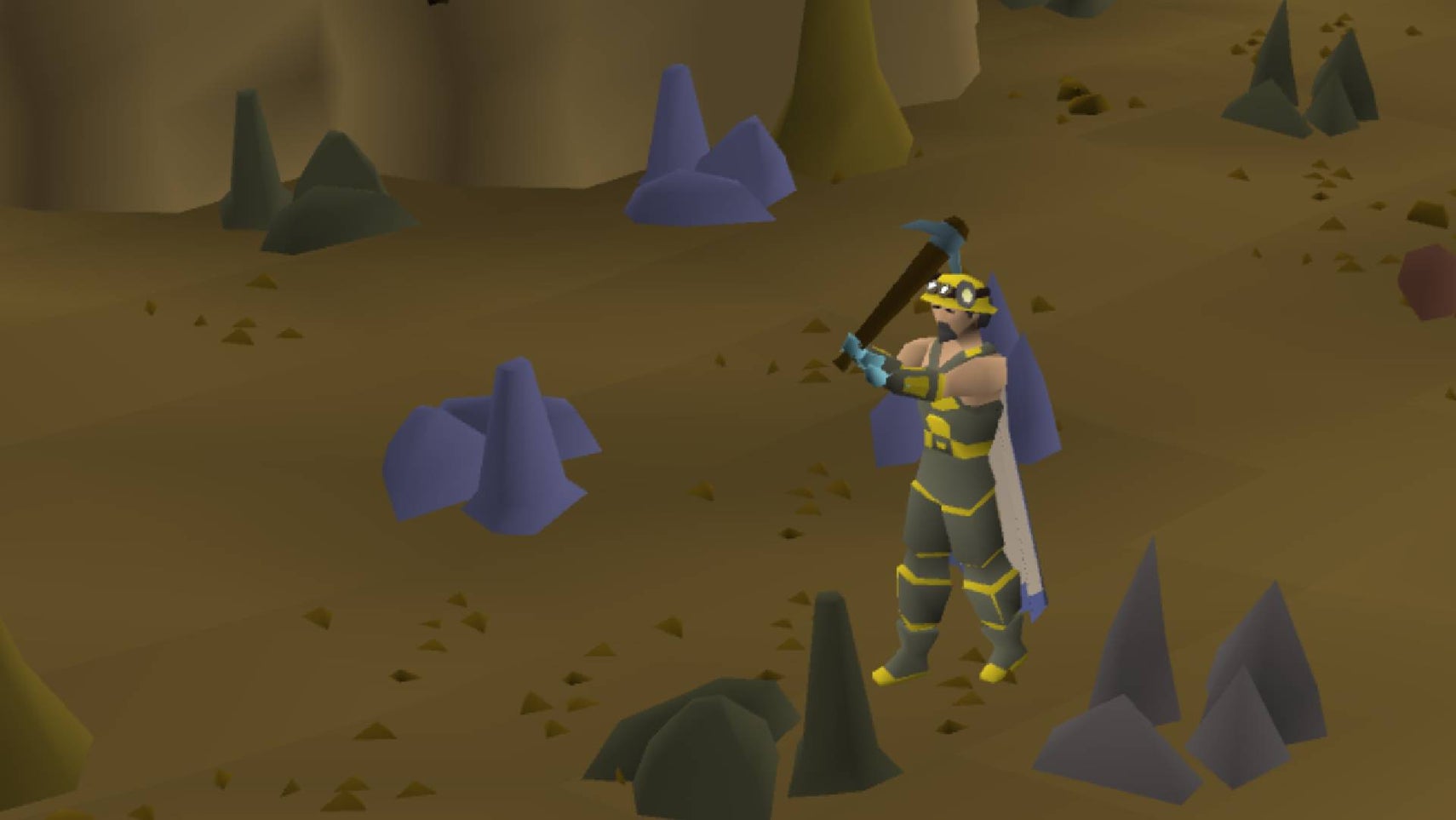 Old School RuneScape screenshot showing a player in full golden mining gear, swinging a rune pickaxe at coal rock. He does not, tragically, have mining gloves on.