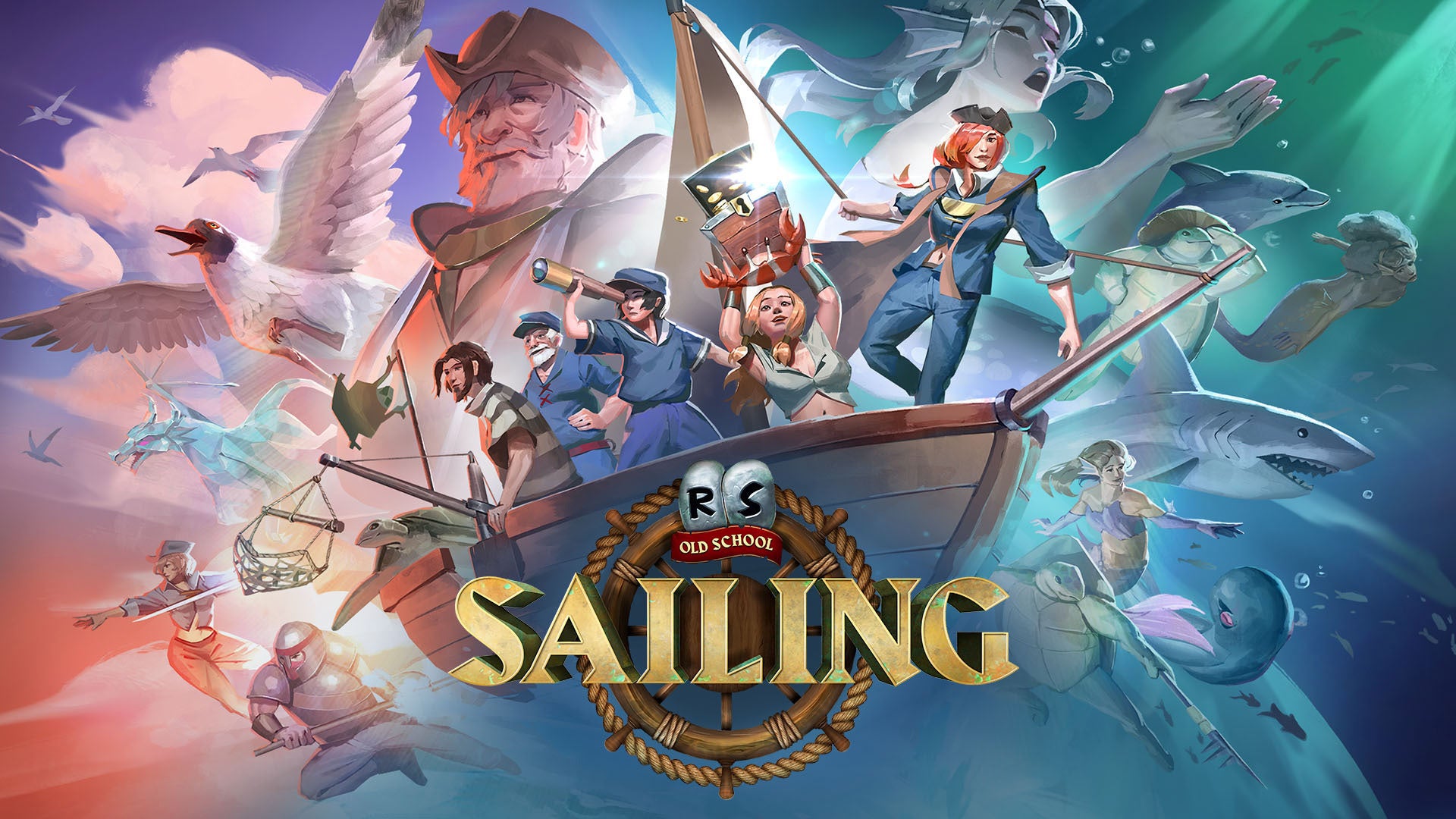 Key creation  for Old School RuneScape's sailing update, which shows aggregate  phantasy  characters connected  a boat.