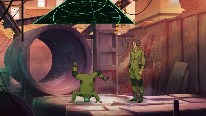 Old Skies screenshot showing protagonist Fia in a futuristic jump suit looking at a man who’s tumbled out of a time portal and landed on his head. An old construction site bathed in evening light surrounds them.