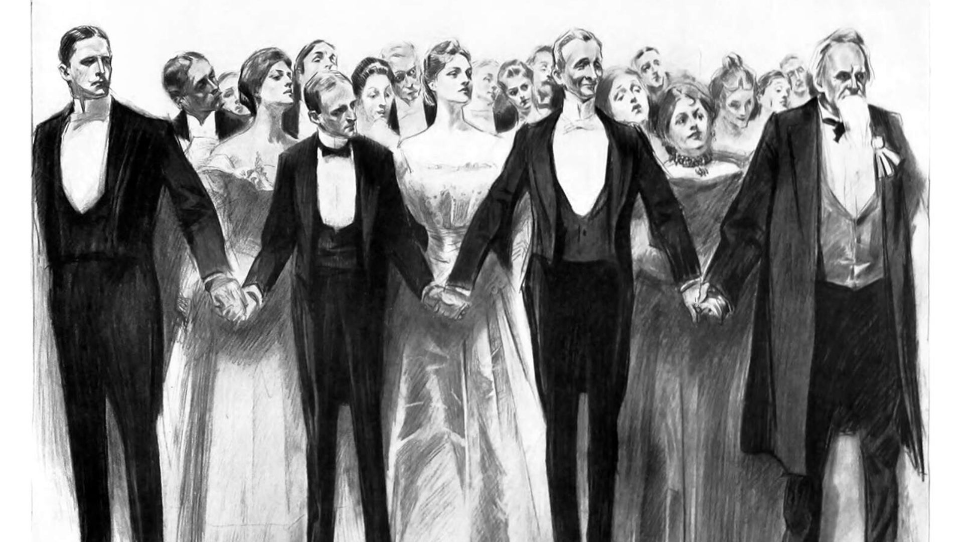 An old black and white vintage illustration of four men in evening dress standing in a row, holding hands to symbolically contain a quiet crowd of guests in similar attire expecting an event coming from the right of the picture. - 1