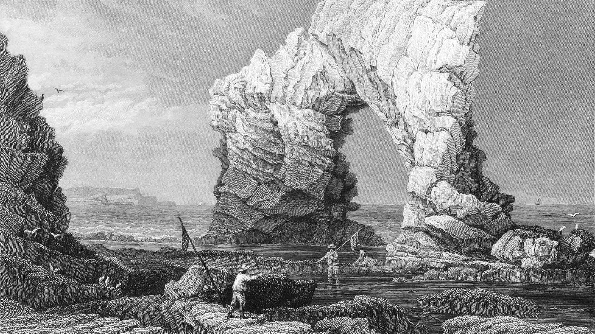 An old black and white vintage illustration depicting a view of the majestic Arched Rock near the shore of Freshwater Bay, Isle of White. - 1