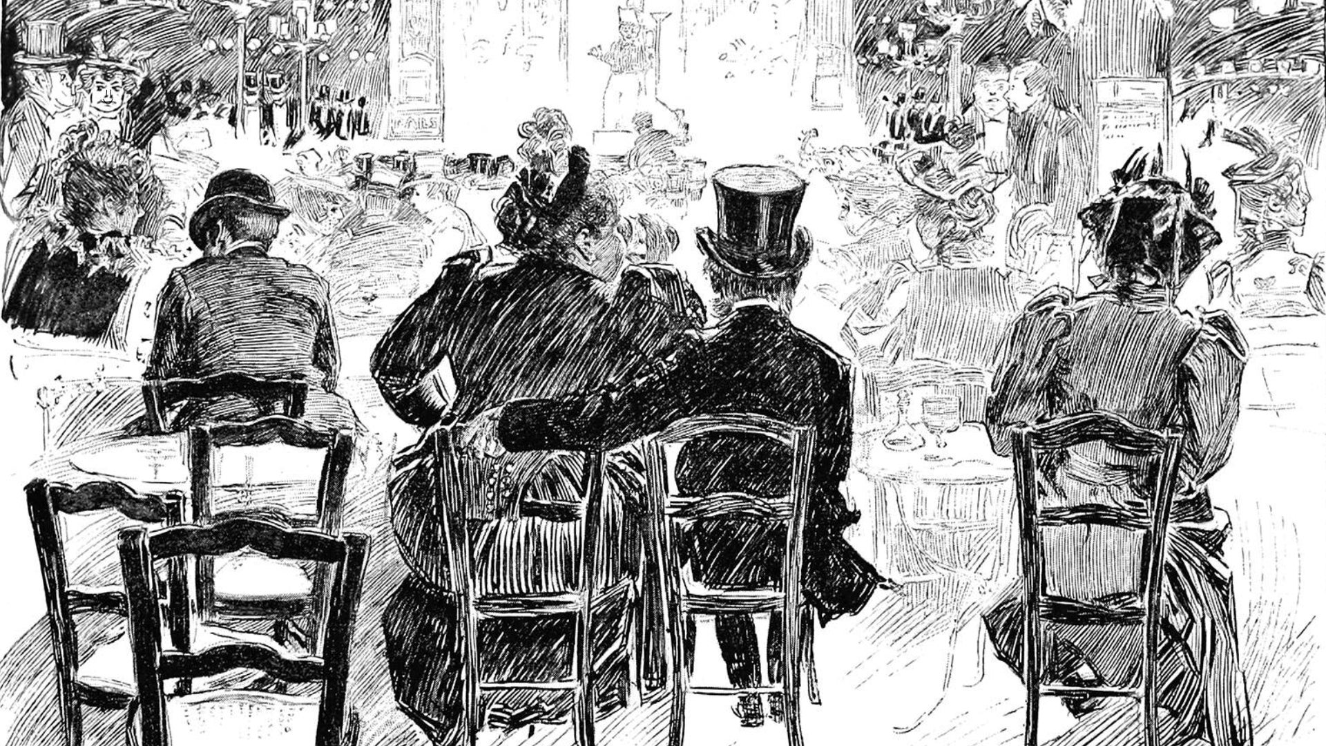 An old black and white vintage illustration of an interior view of a café-chantant as seen from the back of the room, with customers in the foreground and the performer in the distance. - 1