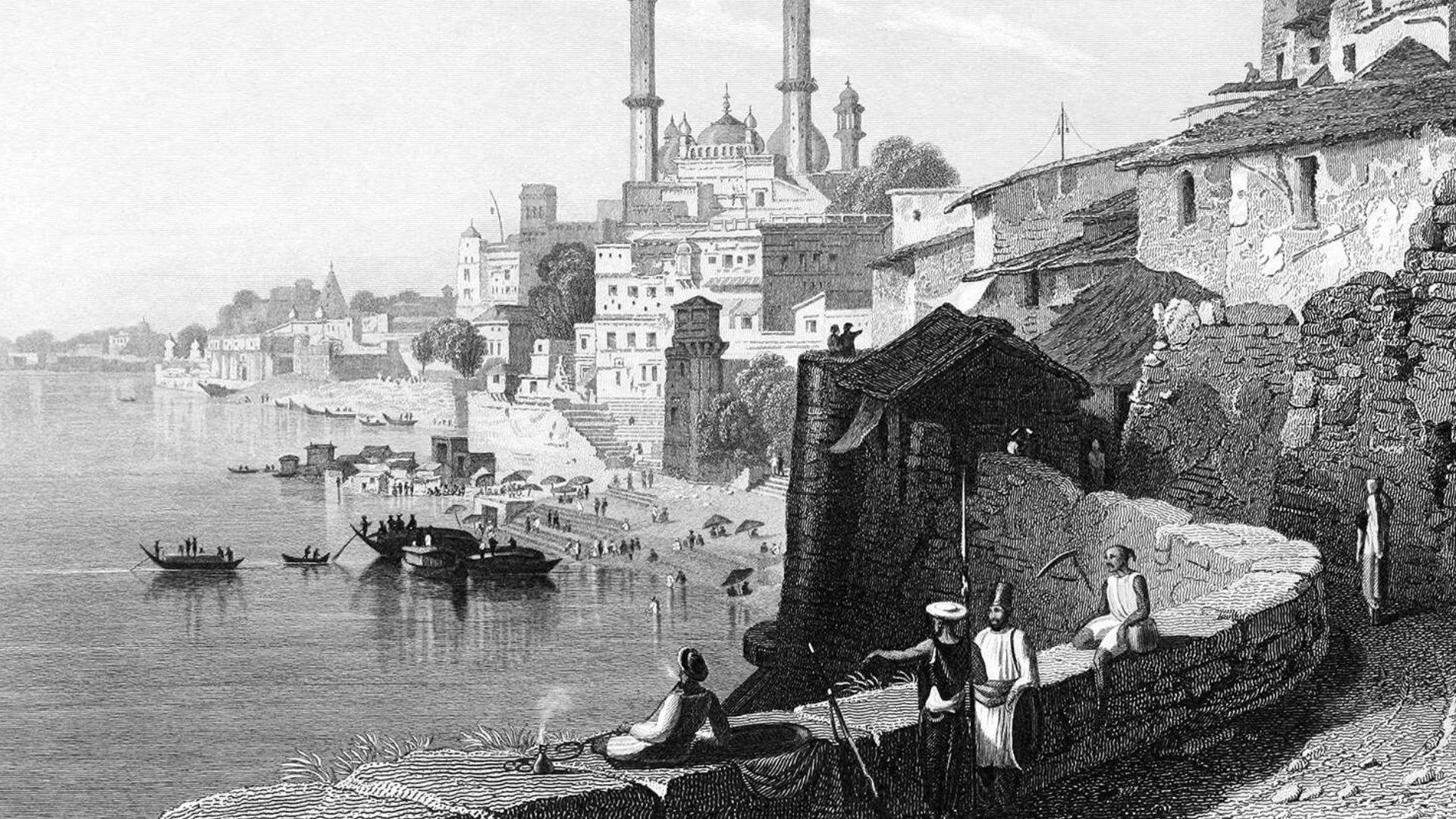 An old black and white vintage illustration of a view of the Ganges with the city of Varanasi on its shore, showing domes and minarets and a few people by a low wall overlooking the river in the foreground. - 1