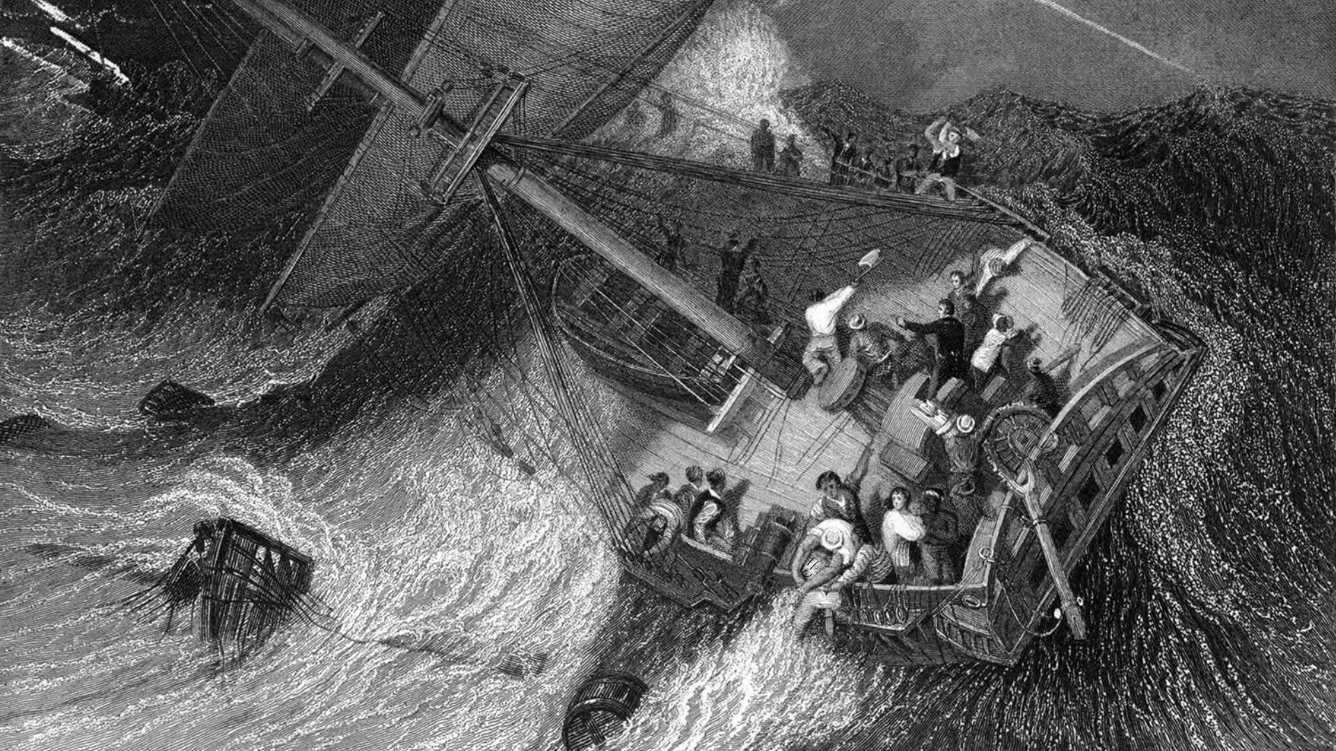 An old black and white vintage illustration of a ship caught in a storm, tossed by winds and waves, as the crew members strive to cut down the masts and rigging. - 1
