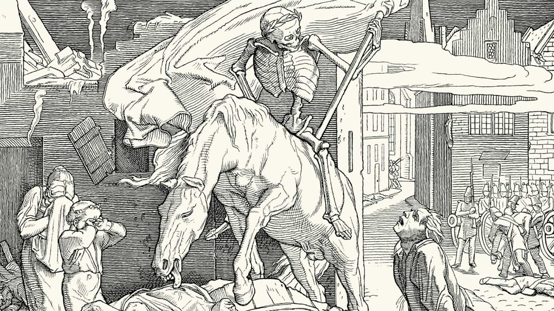 An old black and white illustration of Death riding a horse through a village after winning a battle. - 1