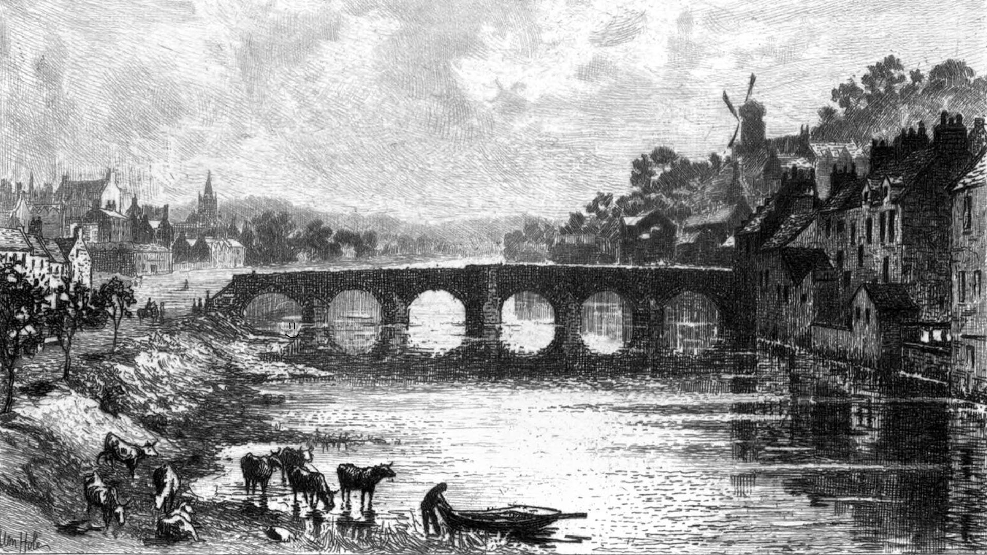 An old black and white vintage illustration of a bridge in Dumfries, Scotland, with a man pulling a rowing boat towards the bank in the foreground, along with some cows. - 1