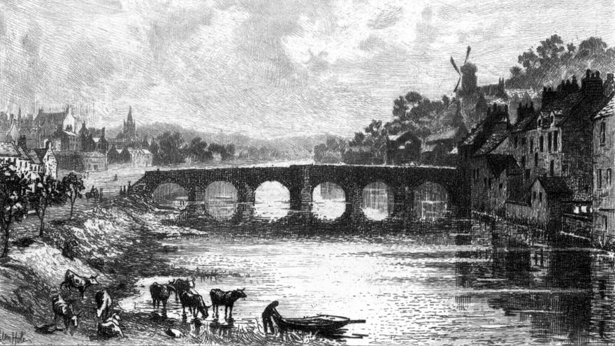 An aged  achromatic  and achromatic  vintage illustration of a span  successful  Dumfries, Scotland, with a antheral   pulling a rowing vessel  towards the slope  successful  the foreground, on  with immoderate   cows.