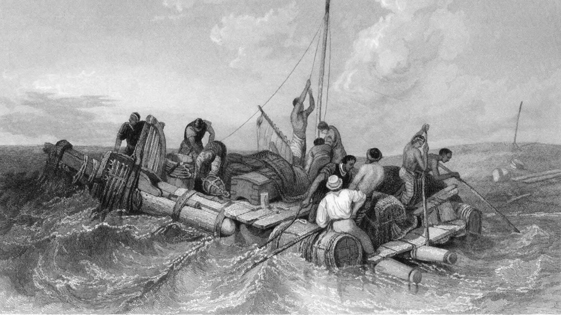 An old black and white vintage illustration of a group of people on a raft in the ocean. - 1