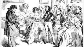 An old vintage black-and-white illustration of a family get-together, with many people sitting or standing and conversing.
