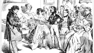 An old vintage black-and-white illustration of a family get-together, with many people sitting or standing and conversing.