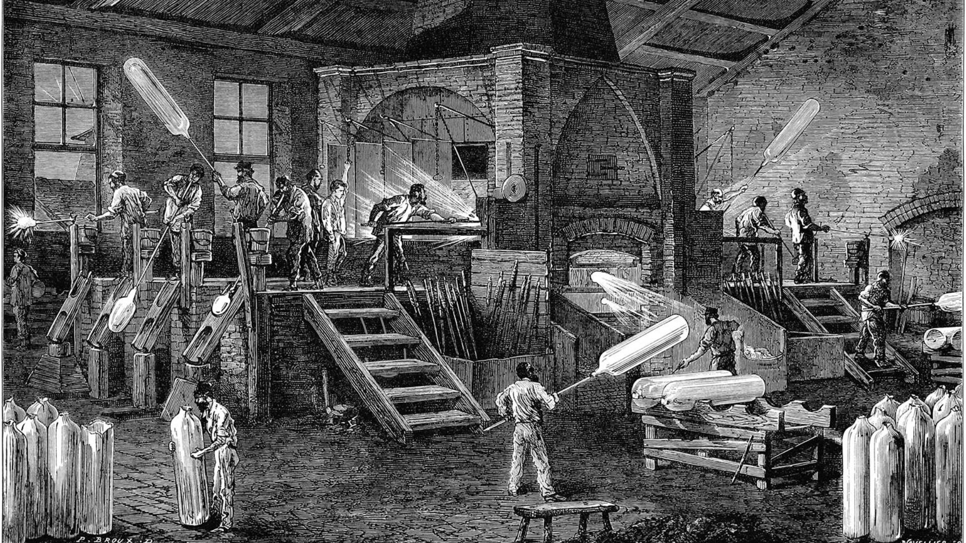 An old vintage black and white illustration of an interior view of a cylinder glass factory showing workers busy blowing, shaping, and storing glass cylinders around a furnace. - 1