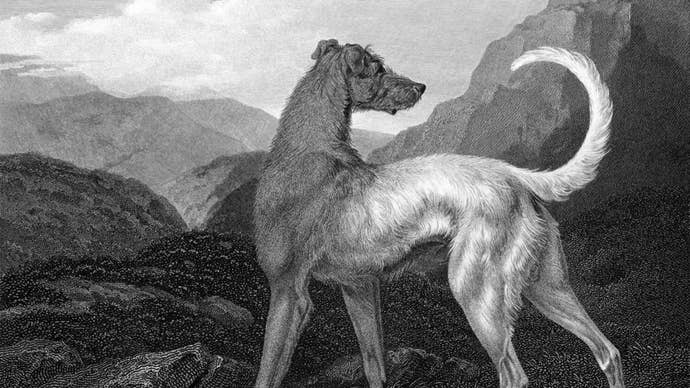 An old black and white vintage illustration of an Irish Wolfhound seen from the side, standing in a landscape of moorland hills and looking backward.