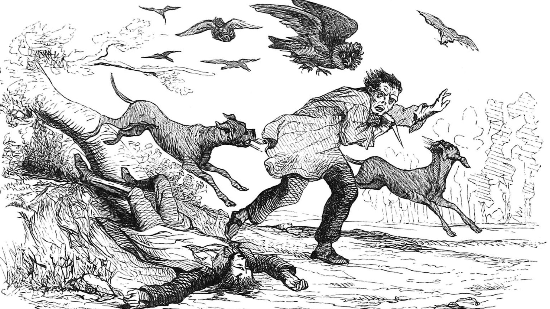An old black and white vintage illustration of a murderer running away from a pack of dogs and birds after stabbing their owner outside with a knife. - 1