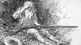 An old black and white vintage illustration of an old man with a long gray beard and tattered clothes waking up in the forest and, while still sitting, grabbing hold of his rifle and checking his head.