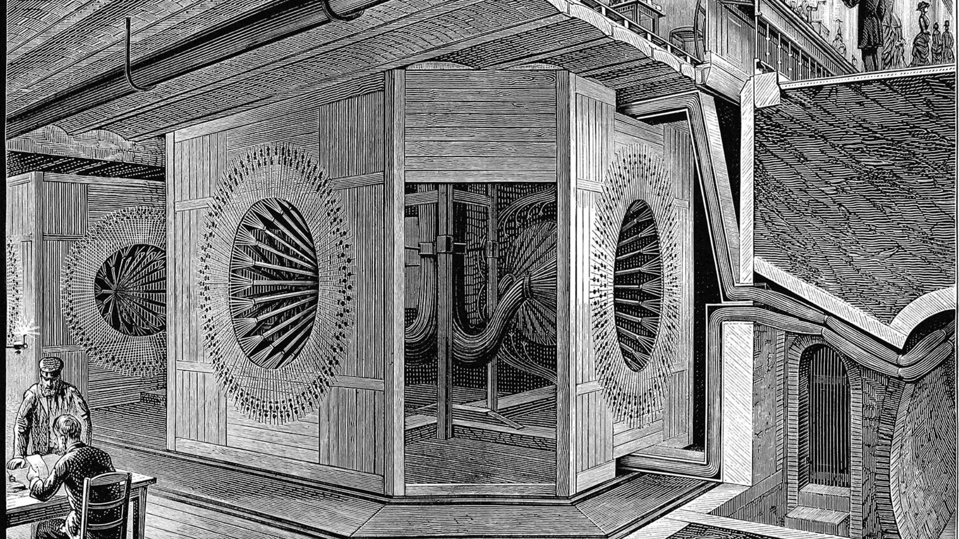 An old black and white vintage illustration of the rosace room in a telephone office. - 1