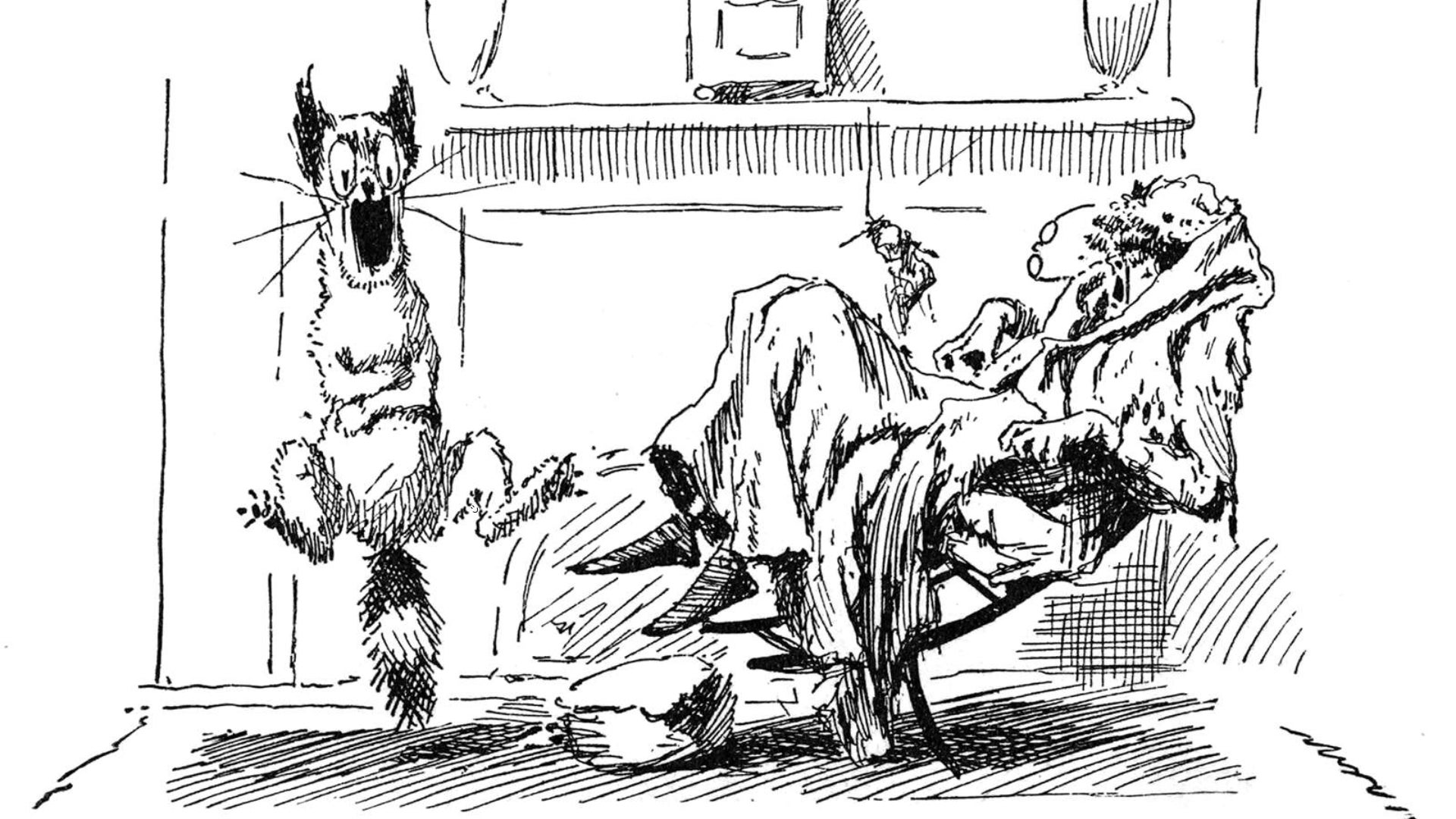 An old black and white illustration of a cat jumping into the air, mouth wide open, startling its owner who was knitting in a nearby rocking chair. - 1