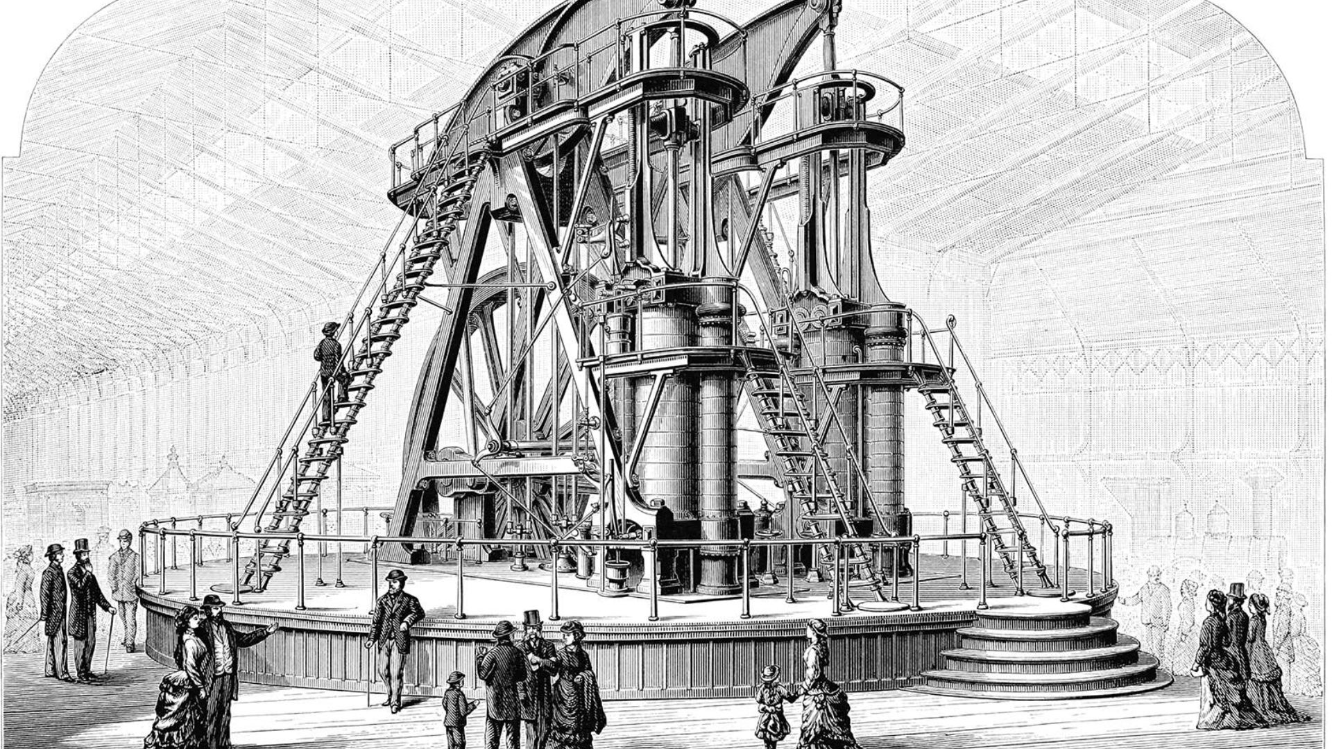 An old vintage illustration of a pair of 1800s steam engines in an exhibition hall, surrounded by people. - 1