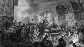 An old black and white vintage illustration depicting a night scene showing a square filled with a ragged crowd of beggars and cripples who drink, cook and talk on a background of half-timbered houses.