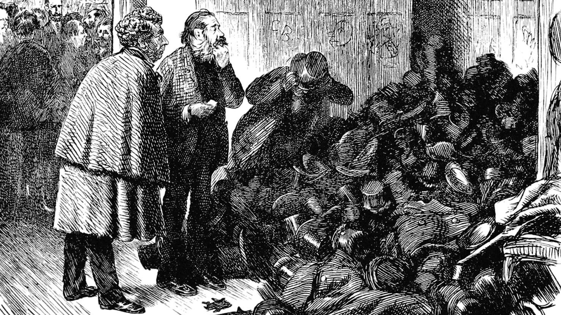 An old black and white illustration of two men looking confusedly at a pile of hats. - 1
