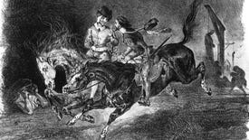 A black and white illustration of two men on horseback.