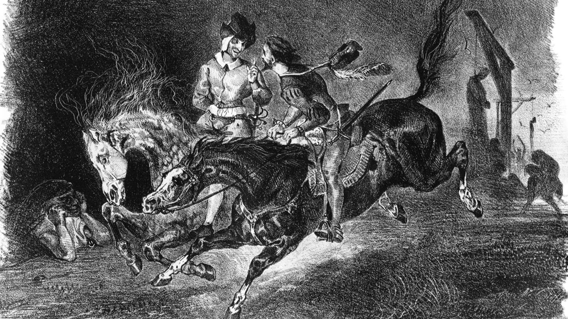 A black and white illustration of two men on horseback. - 1