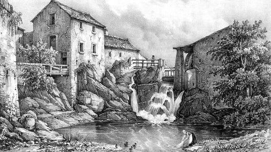 Old vintage illustration of a waterfall cascading into a pond surrounded by a water mill and various buildings.