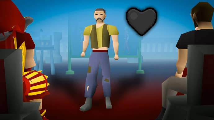 Oldschool RuneScape characters sat facing another character, a black heart floating next to them.