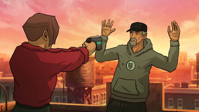 Old Skies screenshot showing a character pointing a futuristic gun at a man in a baseball cap with his hands raised as they stand on a city rooftop at sunset.
