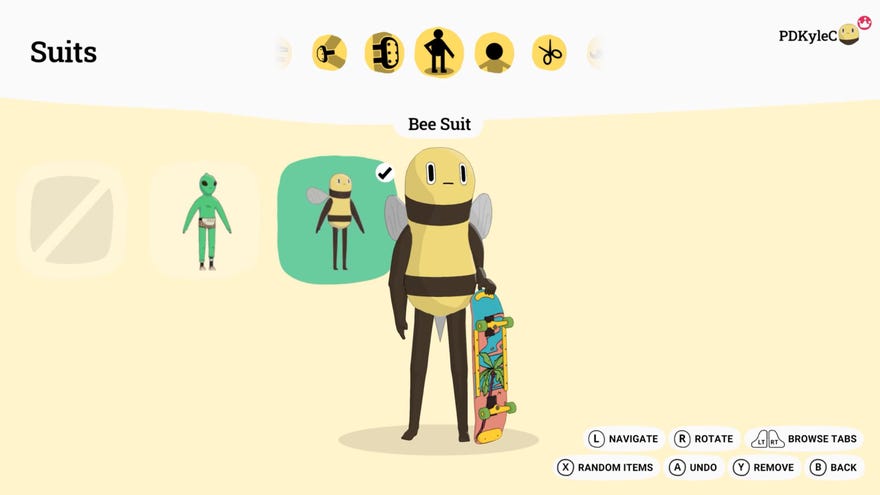 A skater in a bee onesie poses for the camera in Olli Olli World