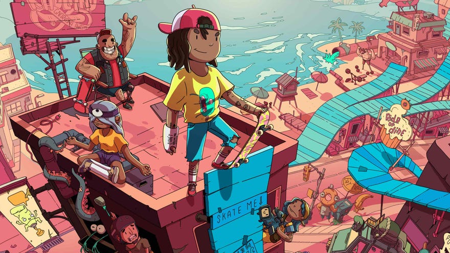 A skateboarder with her arm in a cast stands at the top of a perilous ramp atop a building in OlliOlli World’s key art.