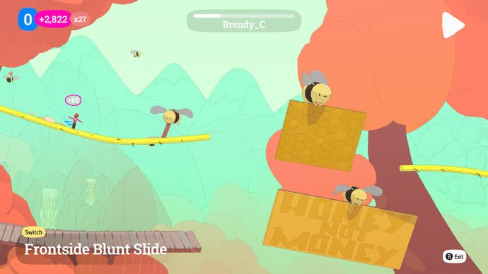 A skater skateboards through a forest while bees fly signs through a gap saying ‘Honey not Money’ in OlliOlli World