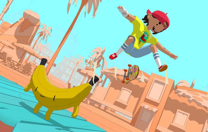 The player character in OlliOlli World jumping over a banana.
