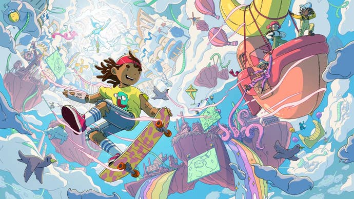 Key creation for Finding The Flowzone, showing an OlliOlli World skateboarder riding a skateboard among the clouds and rainbow waterfalls.