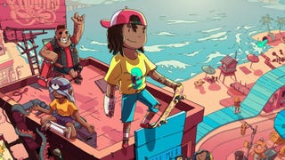 A bright and colourful piece of cartoon-style artwork for OlliOlli World, showing a young skateboarder with a wrist in plaster cast standing atop a huge wooden ramp.