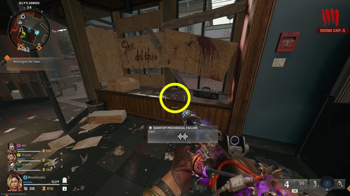 The location of an Aetherella statue hidden by a window of Olly’s Comics on the Black Ops 6 Liberty Falls map.