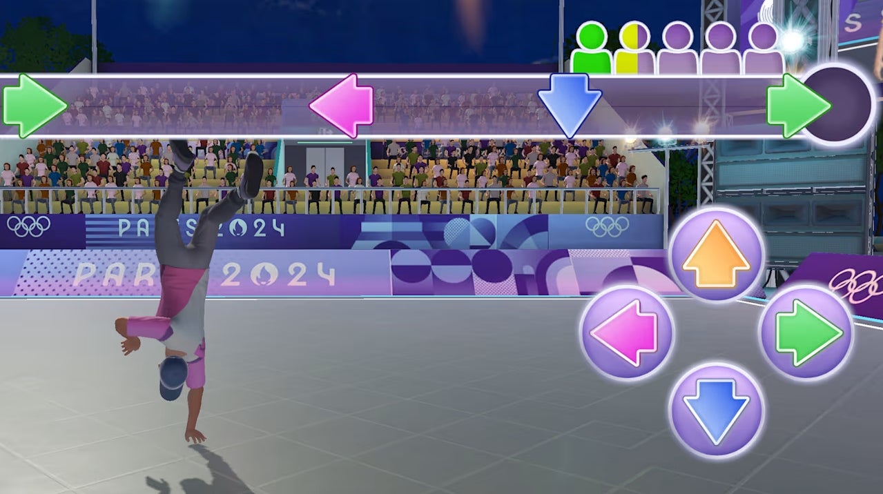 A character does a one-handed handstand in Olympics Go! Paris 2024. - 1