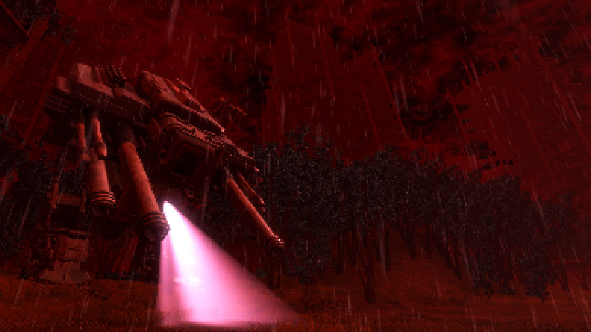 A mech stands solitary in a dilapidated, red-hued, raining world in Omega Point. - 1
