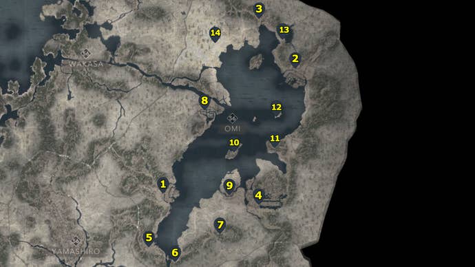 A map with pointers showing all Kakurega in the Omi region of Assassin’s Creed Shadows.