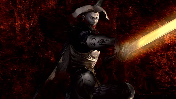 A very happy demon swordsman in Onimusha 2 remastered.