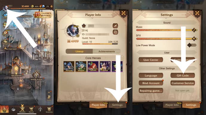 Arrows pointing at the buttons players need to press to get to the gift code redeem screen in Omniheroes.