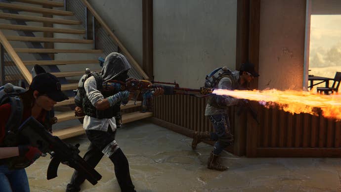 Three players use guns and a flamethrower in Once Human