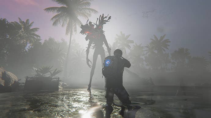 A player character in Once Human looking up at some kind of tall, monstrous figure.