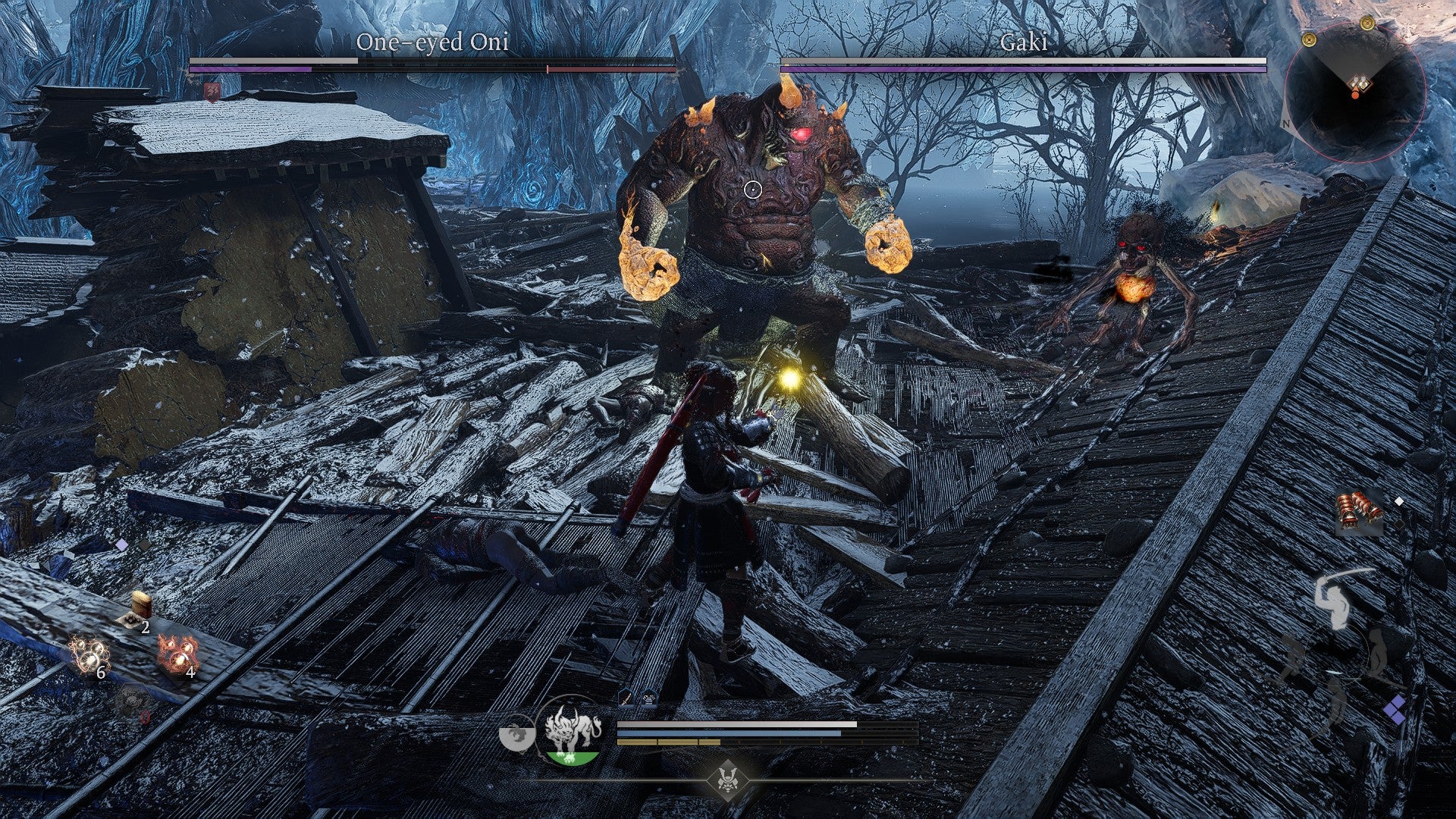 Fighting the tag team duo of One-Eyed Oni and Gaki in Nioh 3. - 28