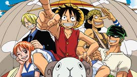 Anime key art of One Piece showing Nami, Sanji, Luffy, Usopp, and Zoro all on their pirate ship.