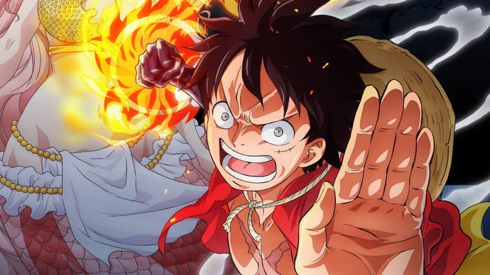 Luffy preparing a firey punch in key art for One Piece.