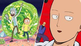 On tha left, Rick n' Morty exitin a portal, Rick lookin happy, Morty lookin anxious. On tha right, One Punch Man's Saitama smiling.