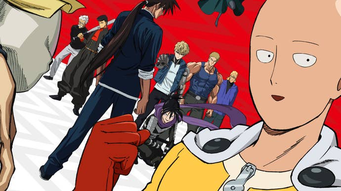 One Punch Man's Saitama is smiling, fist raised up to his shoulder, various other characters like Genos stood behind in.